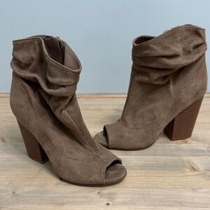Tan Suede Peep-Toe Ankle Boots
